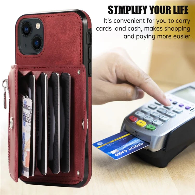 For iPhone 13 6.1 inch Cell Phone Case PU Leather+TPU Card Bag Drop-proof Cover with 2 Straps