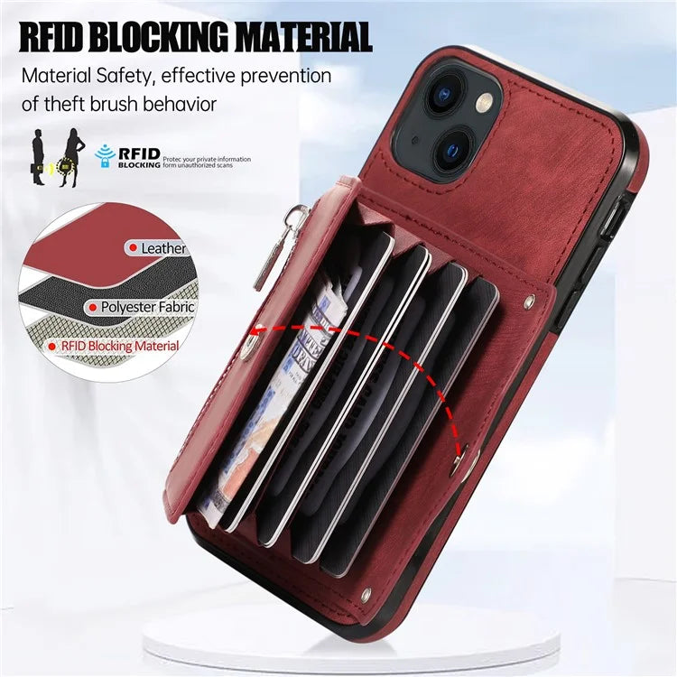 For iPhone 13 6.1 inch Cell Phone Case PU Leather+TPU Card Bag Drop-proof Cover with 2 Straps