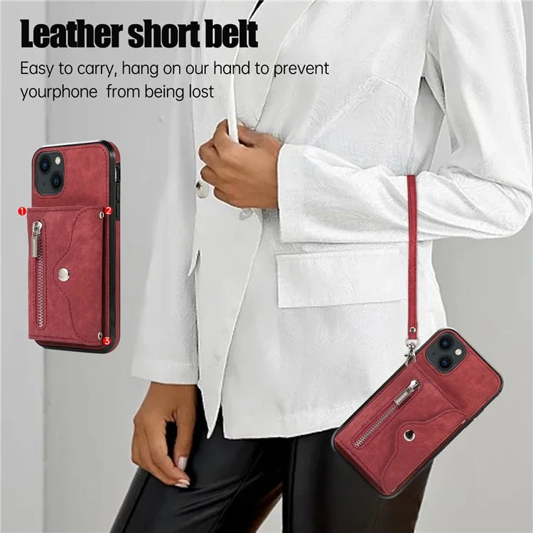 For iPhone 13 6.1 inch Cell Phone Case PU Leather+TPU Card Bag Drop-proof Cover with 2 Straps