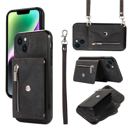 For iPhone 14 Plus Cell Phone Case PU Leather+TPU RFID Blocking Card Slots Cover with 2 Straps