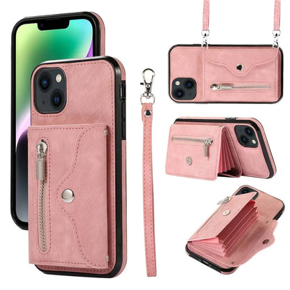 For iPhone 14 Plus Cell Phone Case PU Leather+TPU RFID Blocking Card Slots Cover with 2 Straps