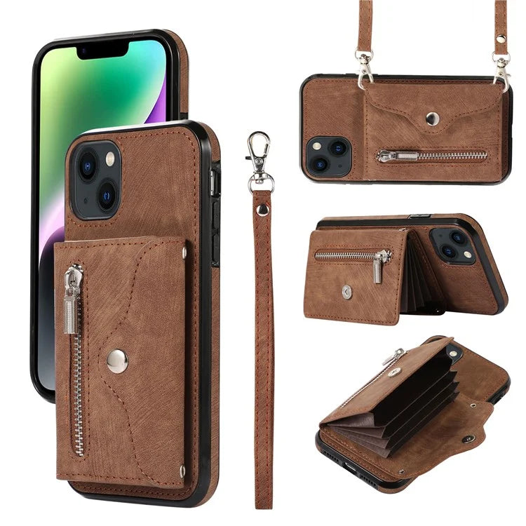 For iPhone 14 Plus Cell Phone Case PU Leather+TPU RFID Blocking Card Slots Cover with 2 Straps
