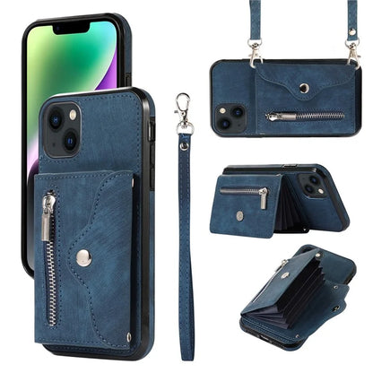 For iPhone 14 Plus Cell Phone Case PU Leather+TPU RFID Blocking Card Slots Cover with 2 Straps