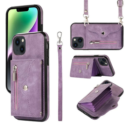 For iPhone 14 Plus Cell Phone Case PU Leather+TPU RFID Blocking Card Slots Cover with 2 Straps