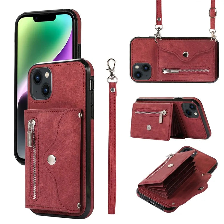 For iPhone 14 Plus Cell Phone Case PU Leather+TPU RFID Blocking Card Slots Cover with 2 Straps