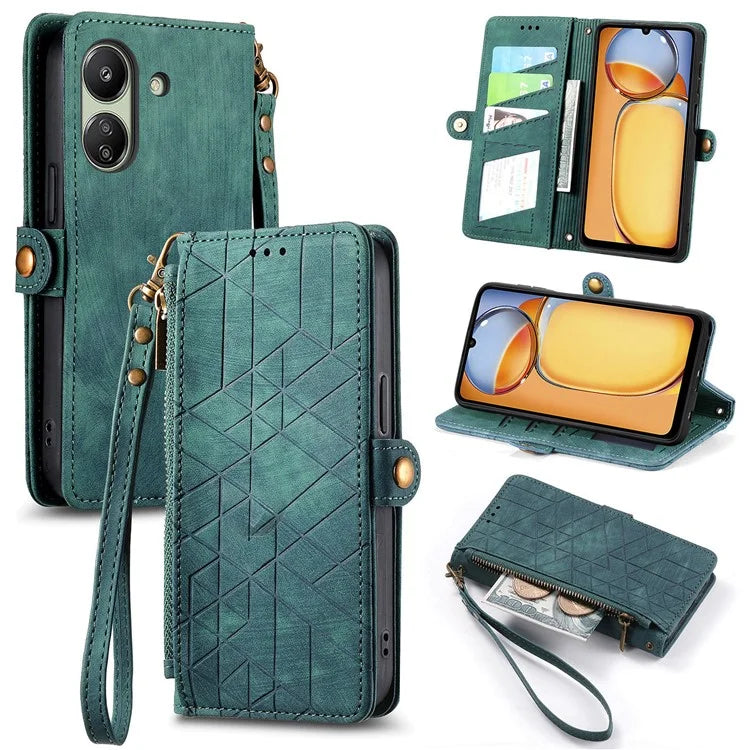 For Xiaomi Redmi 13C 4G / Poco C65 4G Cell Phone Case Geometry Imprinted Zipper Pocket Leather Wallet Cover