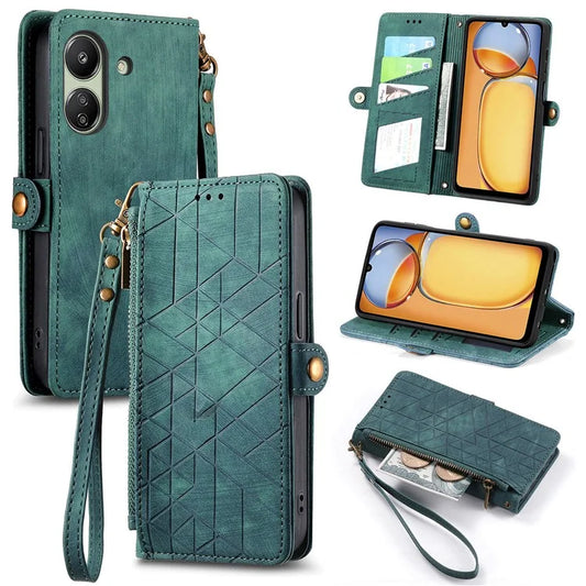For Xiaomi Redmi 13C 4G / Poco C65 4G Cell Phone Case Geometry Imprinted Zipper Pocket Leather Wallet Cover