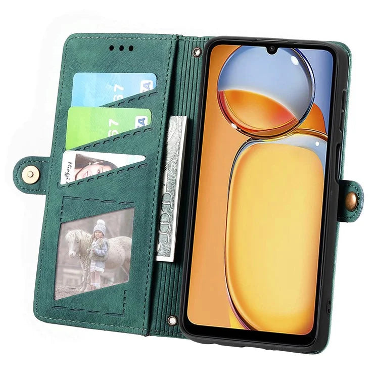 For Xiaomi Redmi 13C 4G / Poco C65 4G Cell Phone Case Geometry Imprinted Zipper Pocket Leather Wallet Cover