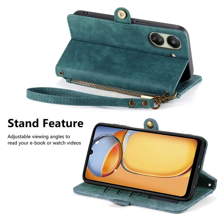 For Xiaomi Redmi 13C 4G / Poco C65 4G Cell Phone Case Geometry Imprinted Zipper Pocket Leather Wallet Cover