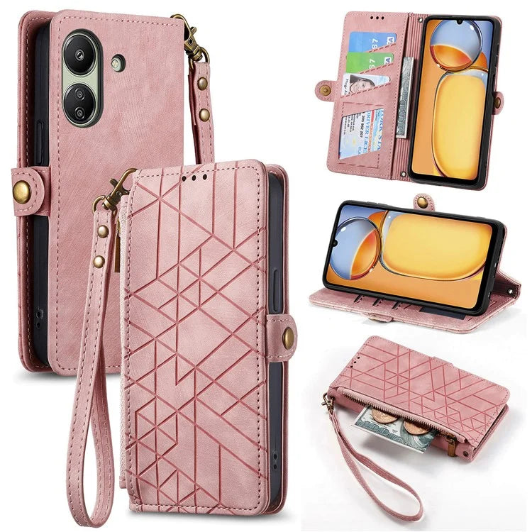 For Xiaomi Redmi 13C 4G / Poco C65 4G Cell Phone Case Geometry Imprinted Zipper Pocket Leather Wallet Cover
