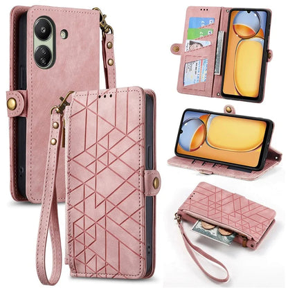 For Xiaomi Redmi 13C 4G / Poco C65 4G Cell Phone Case Geometry Imprinted Zipper Pocket Leather Wallet Cover
