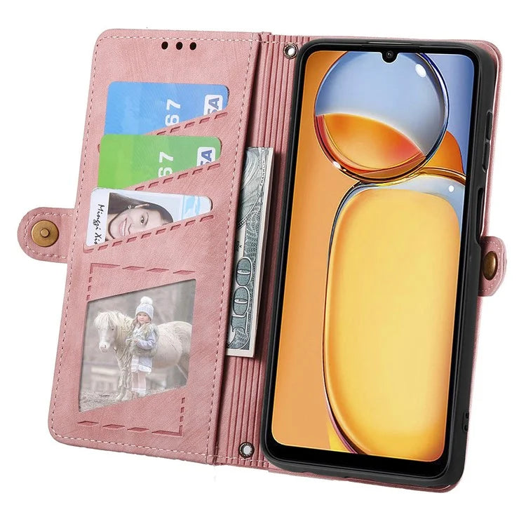 For Xiaomi Redmi 13C 4G / Poco C65 4G Cell Phone Case Geometry Imprinted Zipper Pocket Leather Wallet Cover