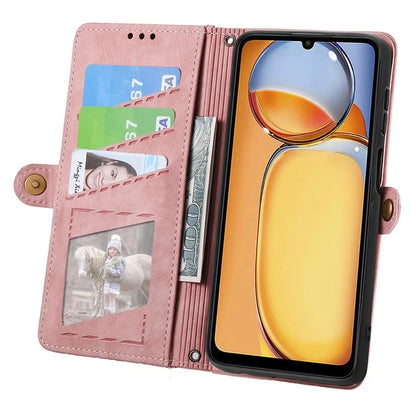 For Xiaomi Redmi 13C 4G / Poco C65 4G Cell Phone Case Geometry Imprinted Zipper Pocket Leather Wallet Cover