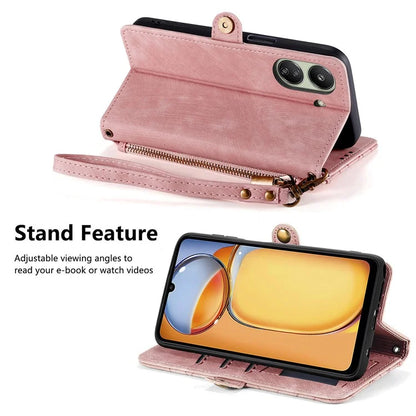For Xiaomi Redmi 13C 4G / Poco C65 4G Cell Phone Case Geometry Imprinted Zipper Pocket Leather Wallet Cover
