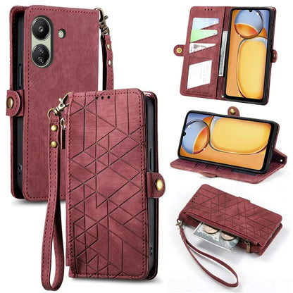 For Xiaomi Redmi 13C 4G / Poco C65 4G Cell Phone Case Geometry Imprinted Zipper Pocket Leather Wallet Cover