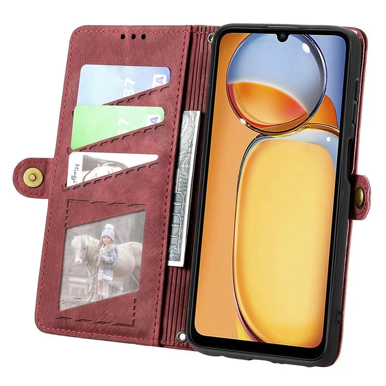 For Xiaomi Redmi 13C 4G / Poco C65 4G Cell Phone Case Geometry Imprinted Zipper Pocket Leather Wallet Cover