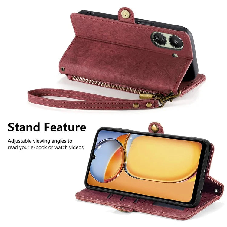For Xiaomi Redmi 13C 4G / Poco C65 4G Cell Phone Case Geometry Imprinted Zipper Pocket Leather Wallet Cover