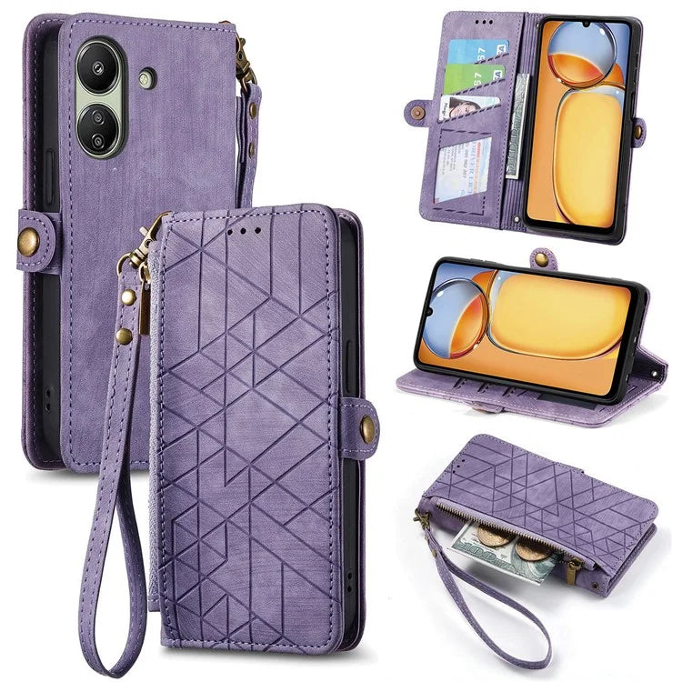 For Xiaomi Redmi 13C 4G / Poco C65 4G Cell Phone Case Geometry Imprinted Zipper Pocket Leather Wallet Cover