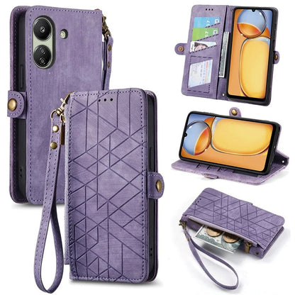 For Xiaomi Redmi 13C 4G / Poco C65 4G Cell Phone Case Geometry Imprinted Zipper Pocket Leather Wallet Cover