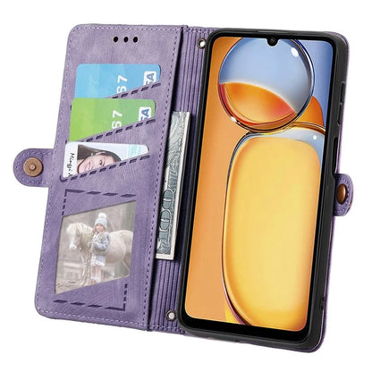 For Xiaomi Redmi 13C 4G / Poco C65 4G Cell Phone Case Geometry Imprinted Zipper Pocket Leather Wallet Cover