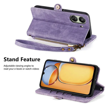 For Xiaomi Redmi 13C 4G / Poco C65 4G Cell Phone Case Geometry Imprinted Zipper Pocket Leather Wallet Cover