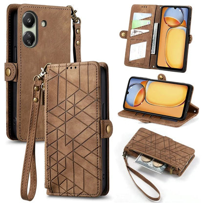 For Xiaomi Redmi 13C 4G / Poco C65 4G Cell Phone Case Geometry Imprinted Zipper Pocket Leather Wallet Cover