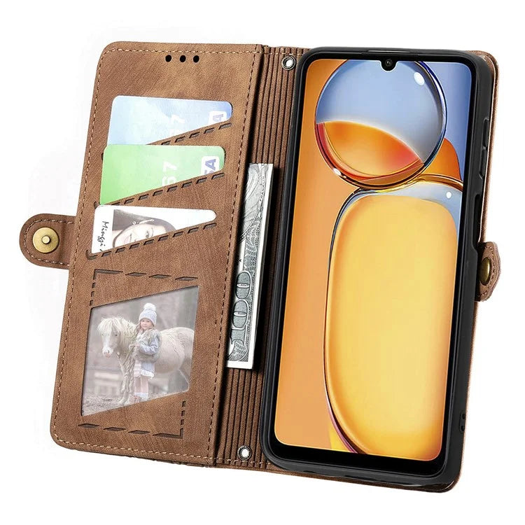 For Xiaomi Redmi 13C 4G / Poco C65 4G Cell Phone Case Geometry Imprinted Zipper Pocket Leather Wallet Cover