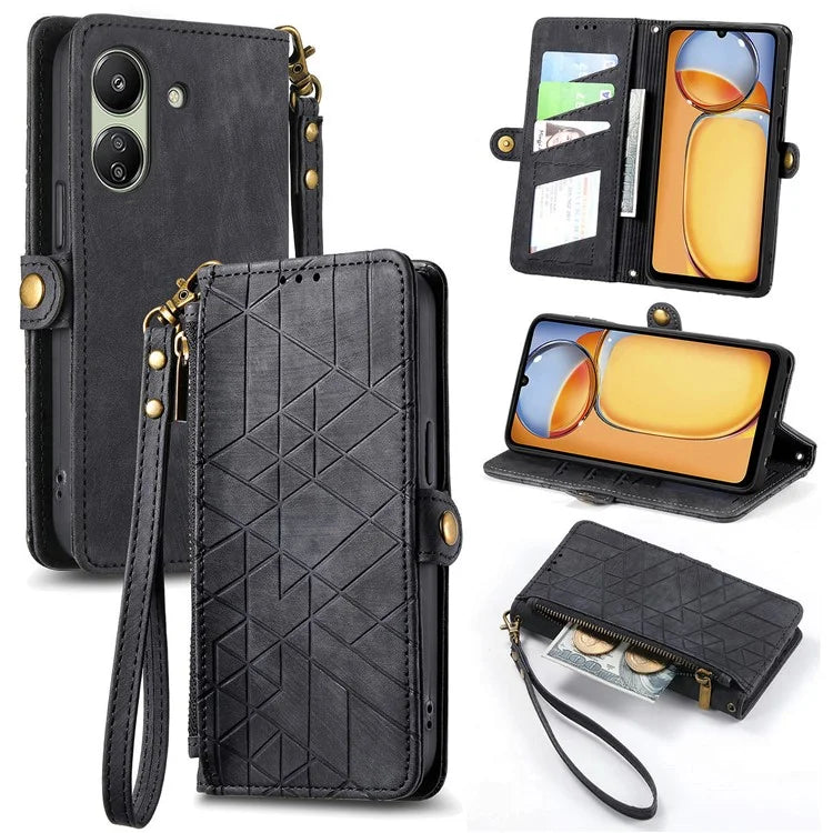 For Xiaomi Redmi 13C 4G / Poco C65 4G Cell Phone Case Geometry Imprinted Zipper Pocket Leather Wallet Cover
