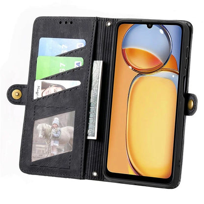 For Xiaomi Redmi 13C 4G / Poco C65 4G Cell Phone Case Geometry Imprinted Zipper Pocket Leather Wallet Cover