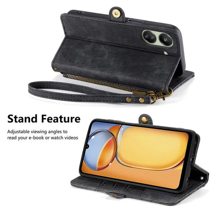 For Xiaomi Redmi 13C 4G / Poco C65 4G Cell Phone Case Geometry Imprinted Zipper Pocket Leather Wallet Cover