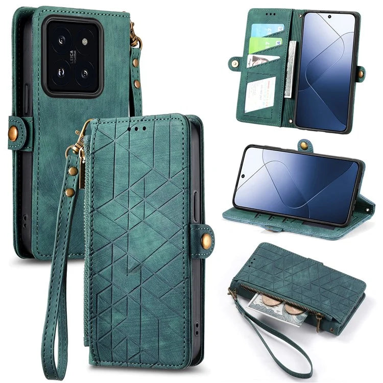 For Xiaomi 14 Case Geometry Imprinted Leather Wallet Stand Mobile Phone Cover with Zipper Pocket