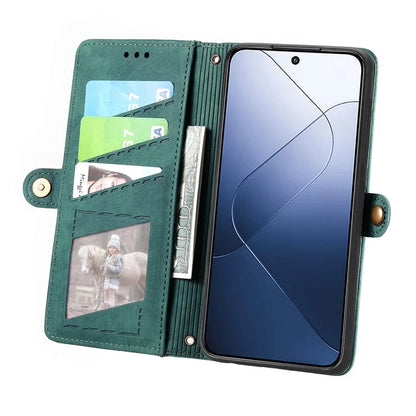 For Xiaomi 14 Case Geometry Imprinted Leather Wallet Stand Mobile Phone Cover with Zipper Pocket