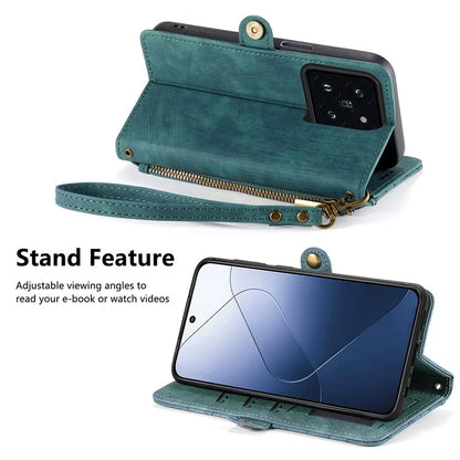 For Xiaomi 14 Case Geometry Imprinted Leather Wallet Stand Mobile Phone Cover with Zipper Pocket