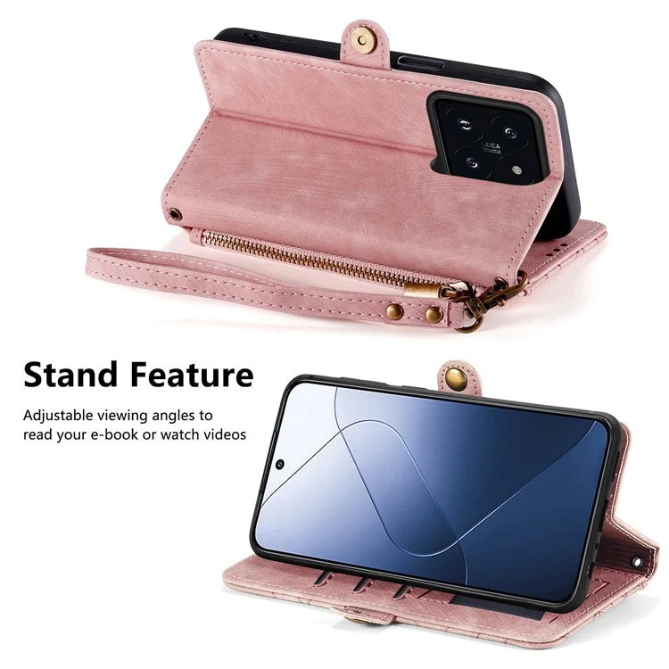 For Xiaomi 14 Case Geometry Imprinted Leather Wallet Stand Mobile Phone Cover with Zipper Pocket