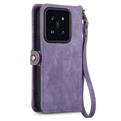 For Xiaomi 14 Case Geometry Imprinted Leather Wallet Stand Mobile Phone Cover with Zipper Pocket