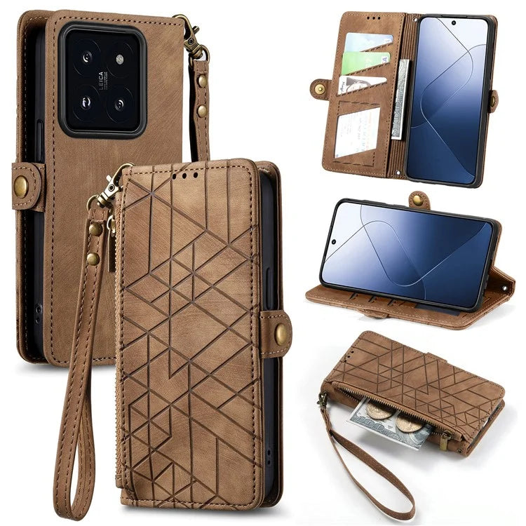 For Xiaomi 14 Case Geometry Imprinted Leather Wallet Stand Mobile Phone Cover with Zipper Pocket