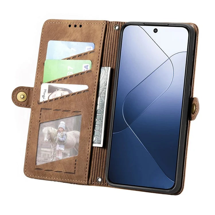 For Xiaomi 14 Case Geometry Imprinted Leather Wallet Stand Mobile Phone Cover with Zipper Pocket