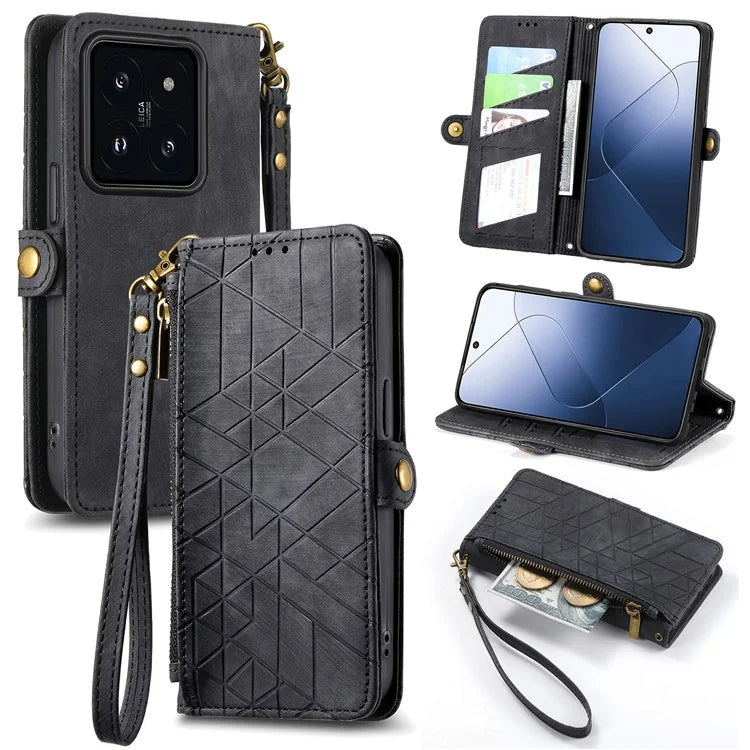 For Xiaomi 14 Case Geometry Imprinted Leather Wallet Stand Mobile Phone Cover with Zipper Pocket