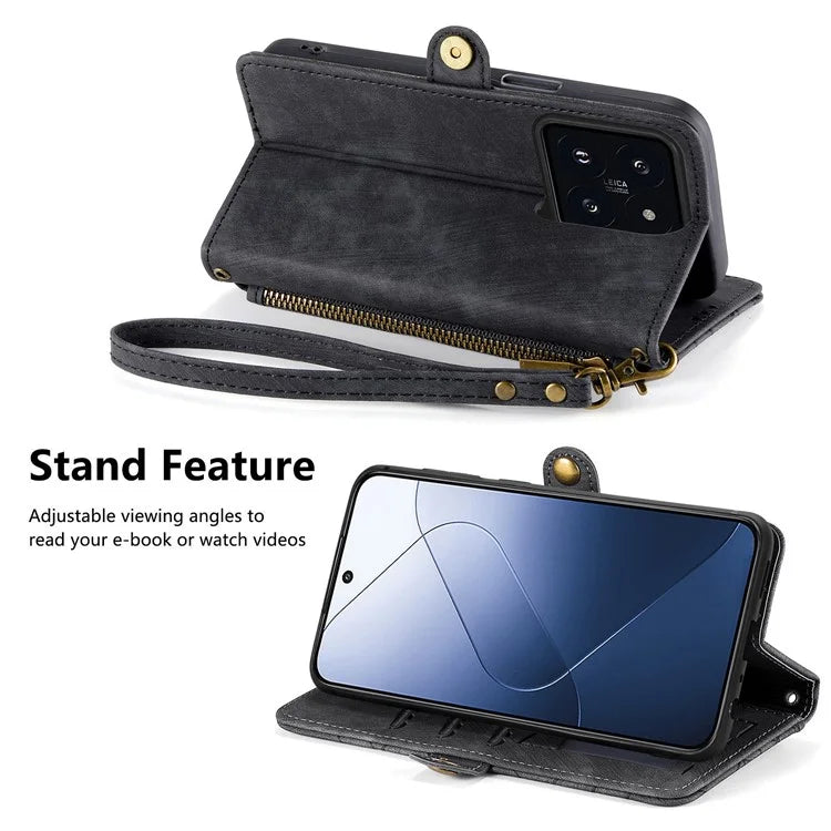 For Xiaomi 14 Case Geometry Imprinted Leather Wallet Stand Mobile Phone Cover with Zipper Pocket