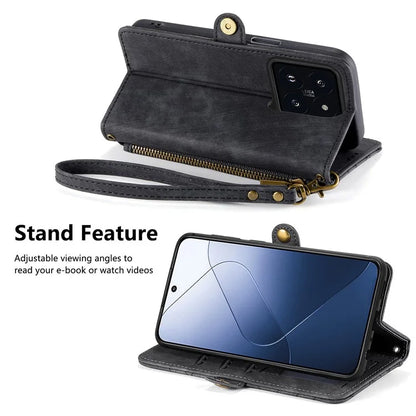 For Xiaomi 14 Case Geometry Imprinted Leather Wallet Stand Mobile Phone Cover with Zipper Pocket
