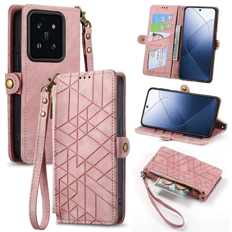 For Xiaomi 14 Pro Cell Phone Case Geometry Pattern Zipper Pocket Shockproof Cover with Stand