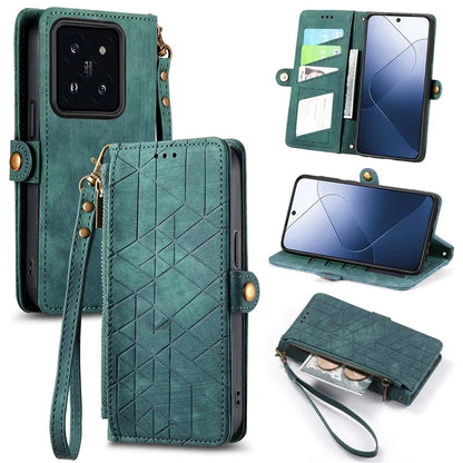 For Xiaomi 14 Pro Cell Phone Case Geometry Pattern Zipper Pocket Shockproof Cover with Stand