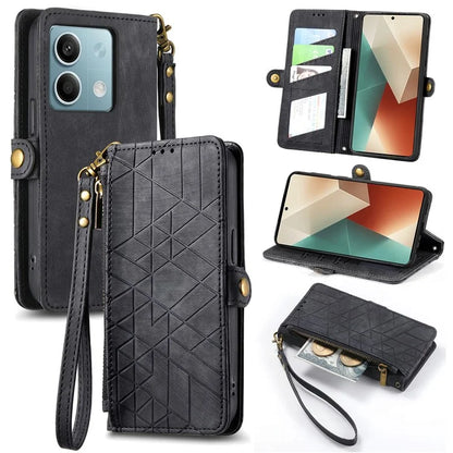 Wallet Case for Xiaomi Redmi Note 13 5G PU Leather Zipper Pocket Phone Cover Geometry Pattern