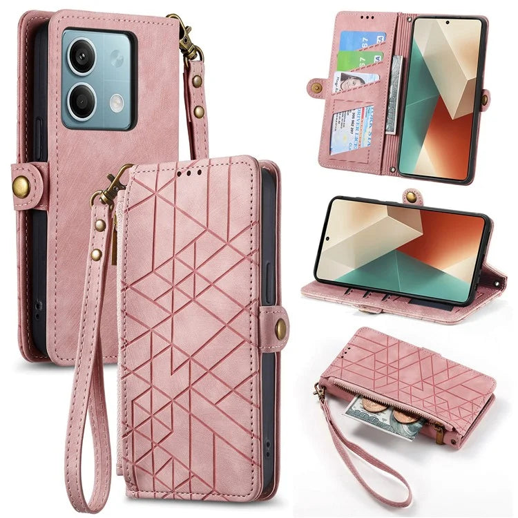 Wallet Case for Xiaomi Redmi Note 13 5G PU Leather Zipper Pocket Phone Cover Geometry Pattern