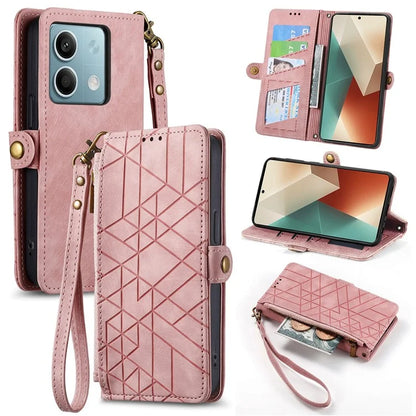 Wallet Case for Xiaomi Redmi Note 13 5G PU Leather Zipper Pocket Phone Cover Geometry Pattern