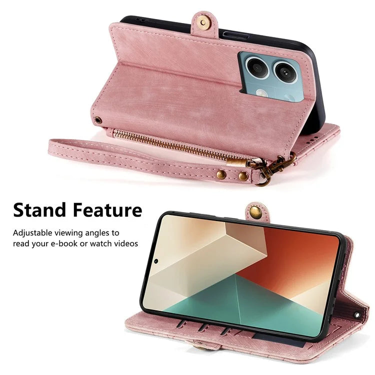 Wallet Case for Xiaomi Redmi Note 13 5G PU Leather Zipper Pocket Phone Cover Geometry Pattern