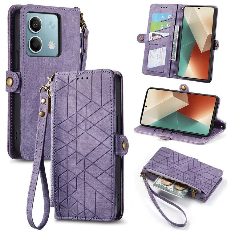 Wallet Case for Xiaomi Redmi Note 13 5G PU Leather Zipper Pocket Phone Cover Geometry Pattern