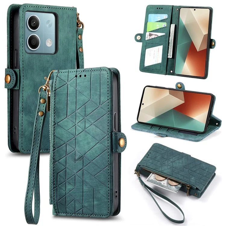 Wallet Case for Xiaomi Redmi Note 13 5G PU Leather Zipper Pocket Phone Cover Geometry Pattern