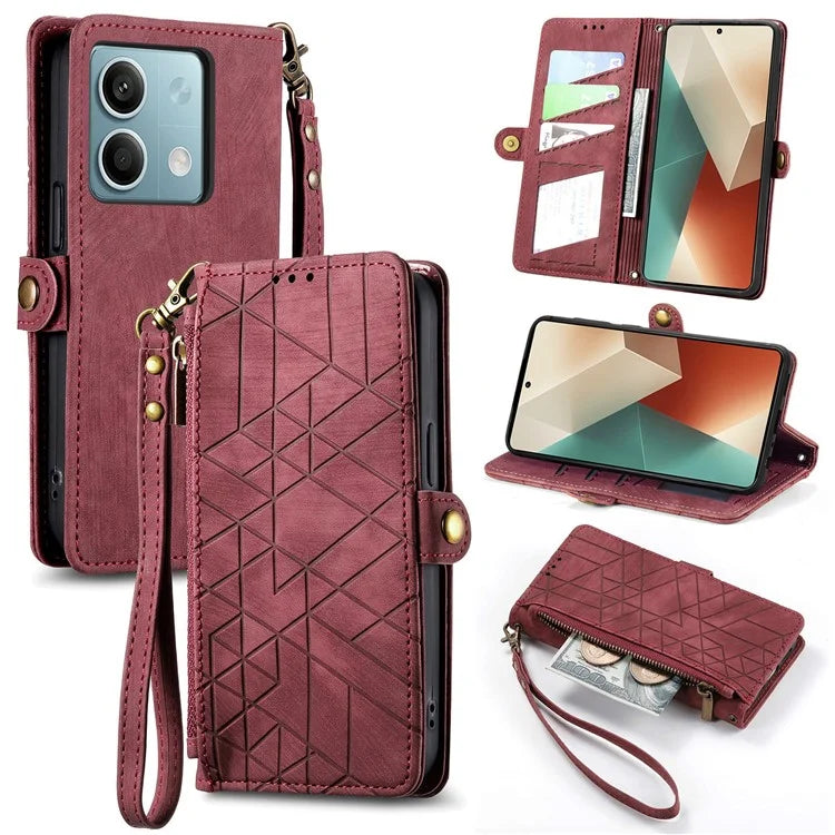 Wallet Case for Xiaomi Redmi Note 13 5G PU Leather Zipper Pocket Phone Cover Geometry Pattern