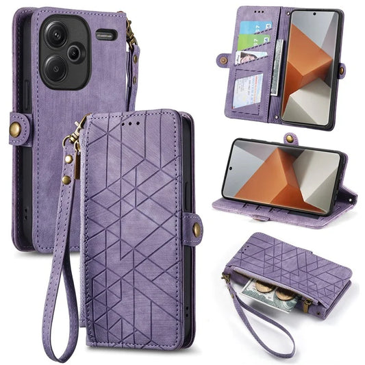 For Xiaomi Redmi Note 13 Pro+ 5G Cell Phone Case Imprinted Zipper Pocket Shockproof Cover with Stand